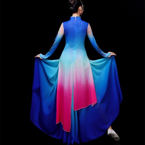 Royal blue with pink Chinese Classical dance costumes for women cheongsam fan dance costume Jiangnan Umbrella yangko Dance Performance Costume